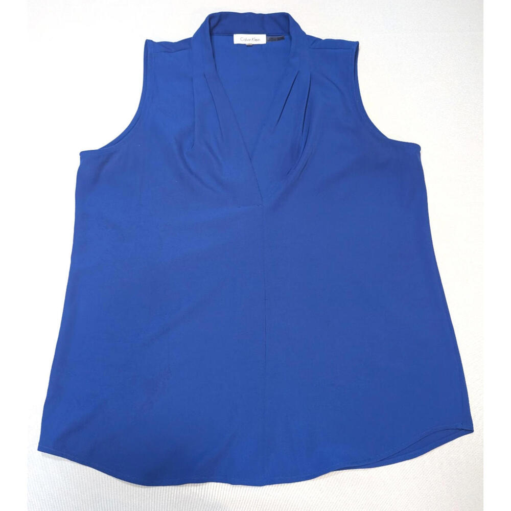 Calvin Klein Women's Sleeveless Blouse, Large, Blue, V-Neck